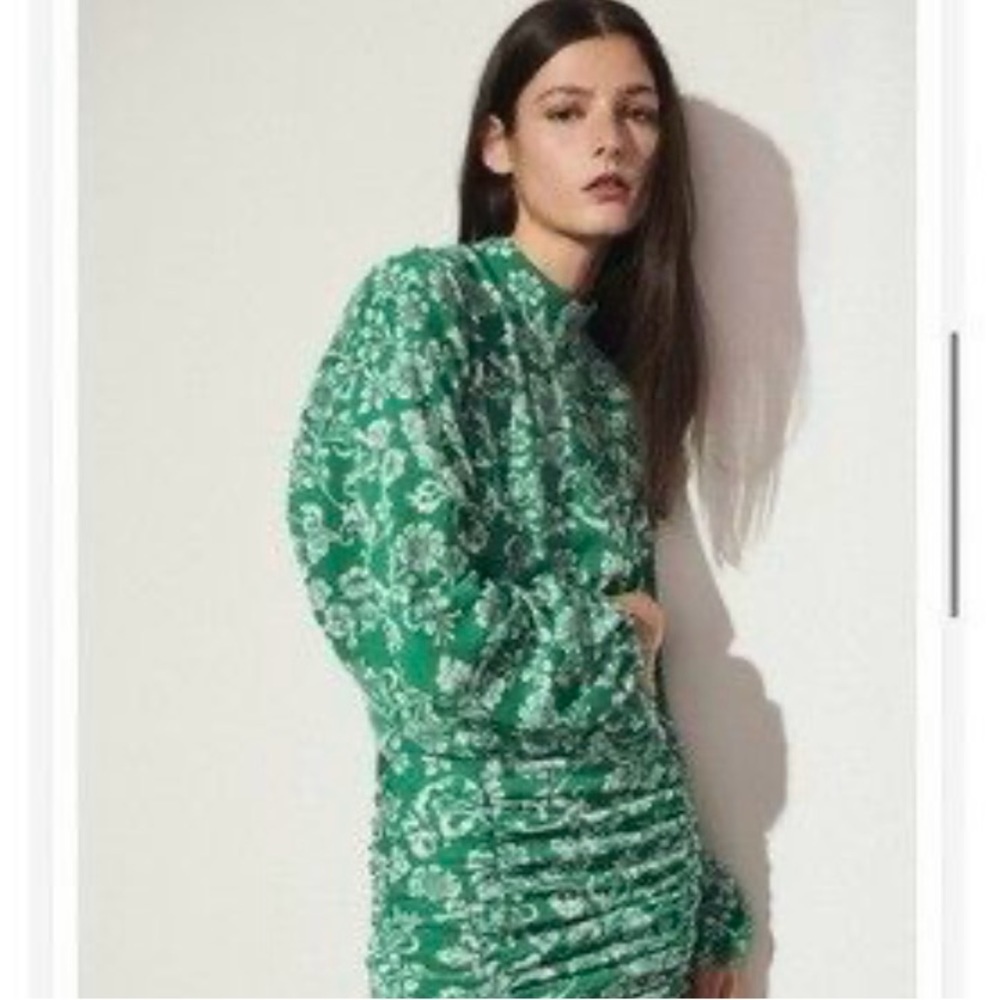 Zara Green Jacquard Ballon Sleeve Mini Dress. Size M.